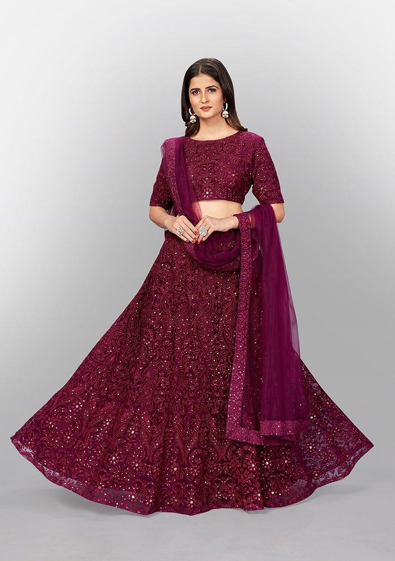 Burgundy Embroidered Poly Blend Lehenga Set