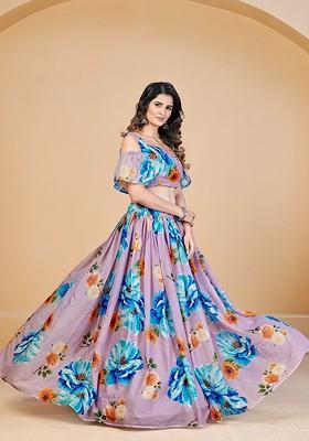 Lavender Printed Poly Blend Lehenga Set