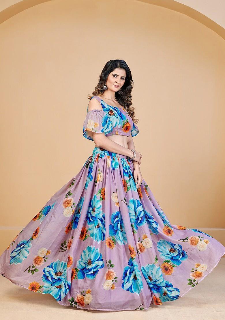 Lavender Printed Poly Blend Lehenga Set