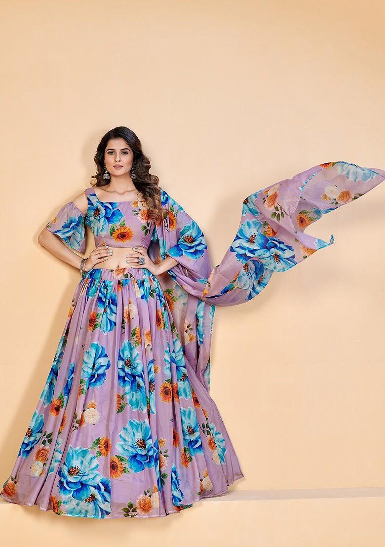 Lavender Printed Poly Blend Lehenga Set