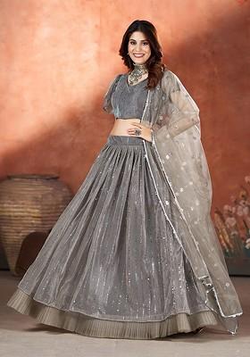 Brown Sequin Embroidered Poly Blend Lehenga Set