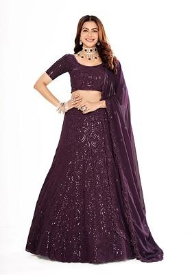 Purple Sequin Embroidered Poly Blend Lehenga Set