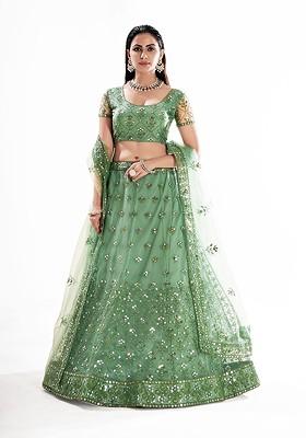 Sea Green Sequin Embroidered Poly Blend Lehenga Set