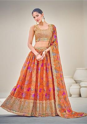 Orange Sequin Embroidered Poly Blend Lehenga Set