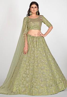 Sea Green Embroidered Poly Blend Lehenga Set