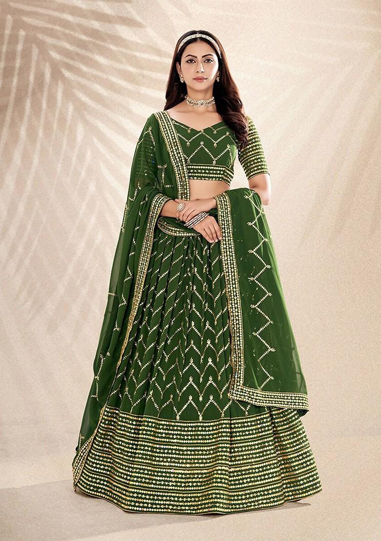 Green Sequin Embroidered Poly Blend Lehenga Set