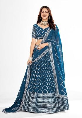 Blue Sequin Embroidered Poly Blend Lehenga Set