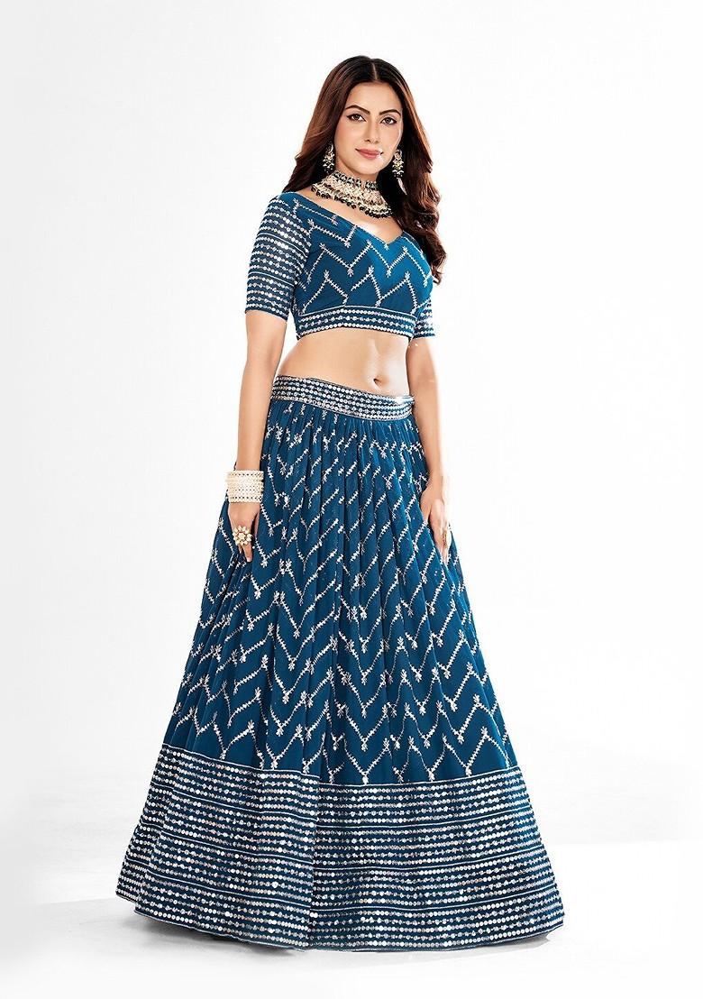 Blue Sequin Embroidered Poly Blend Lehenga Set
