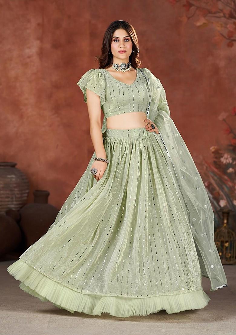 Sea Green Sequin Embroidered Poly Blend Lehenga Set