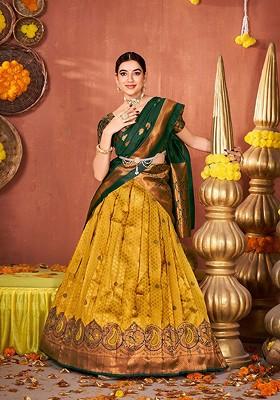 Mustard Ethnic Motifs Woven Poly Blend Lehenga Set