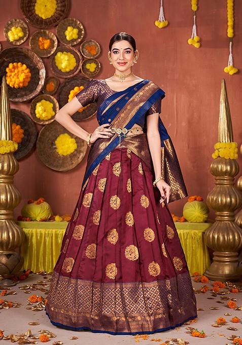 Maroon Woven Poly Blend Lehenga Set