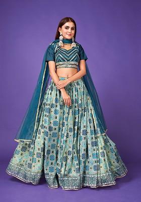 Blue Mirror Embellished Poly Blend Lehenga Set