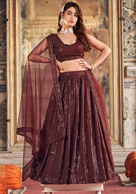 Brown Sequin Embroidered Poly Blend Lehenga Set