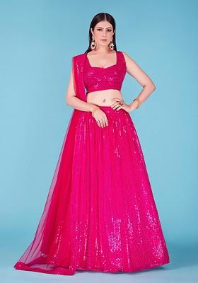 Pink Sequin Embroidered Poly Blend Lehenga Set