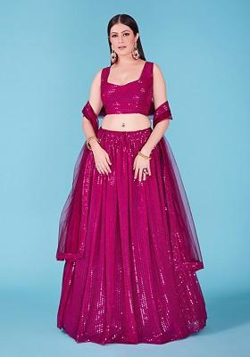 Burgundy Sequin Embroidered Poly Blend Lehenga Set