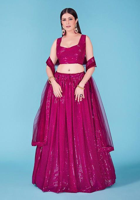 Burgundy Sequin Embroidered Poly Blend Lehenga Set