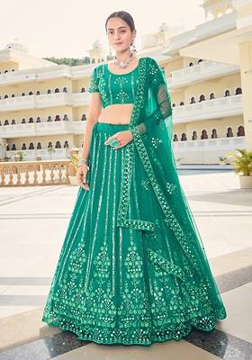 Teal Sequin Embroidered Poly Blend Lehenga Set