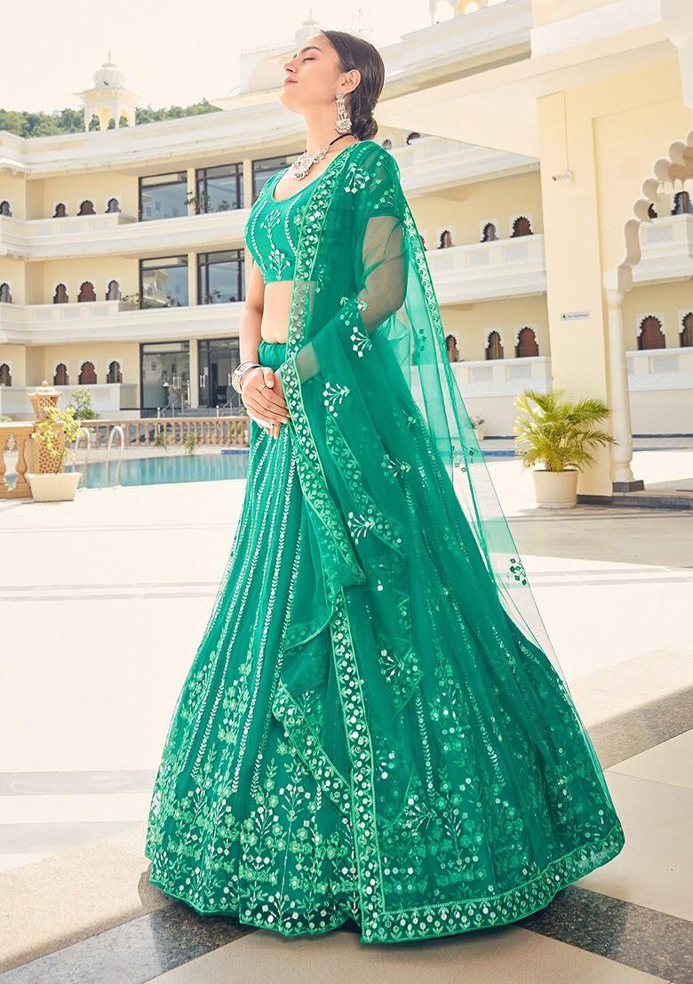 Teal Sequin Embroidered Poly Blend Lehenga Set