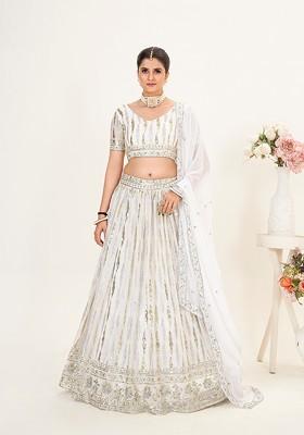 White Sequin Embroidered Poly Blend Lehenga Set