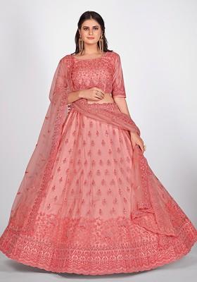 Pink Embroidered Poly Blend Lehenga Set