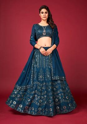 Blue Sequin Embroidered Poly Blend Lehenga Set