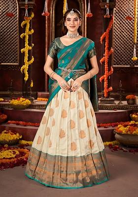 Off White Woven Poly Blend Lehenga Set