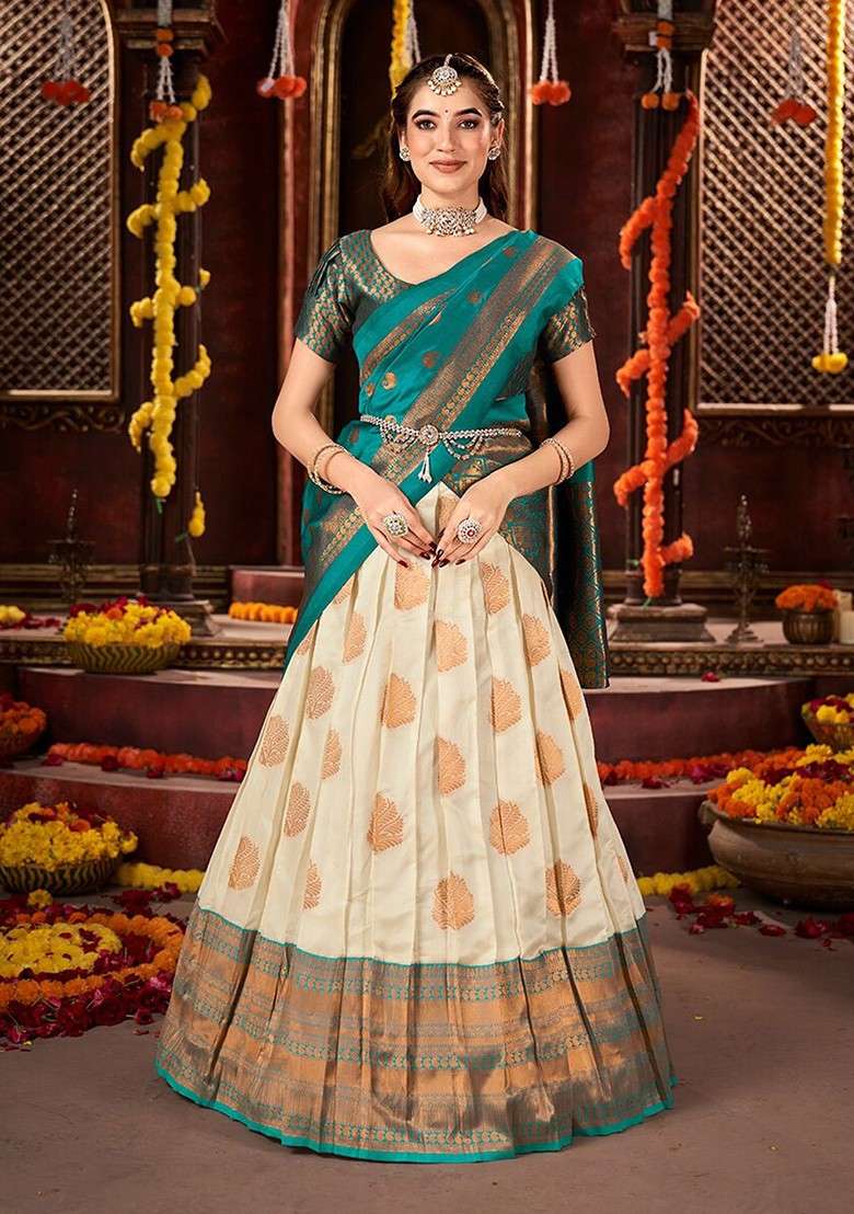 Off White Woven Poly Blend Lehenga Set for Diwali and Festive Wear - Indya