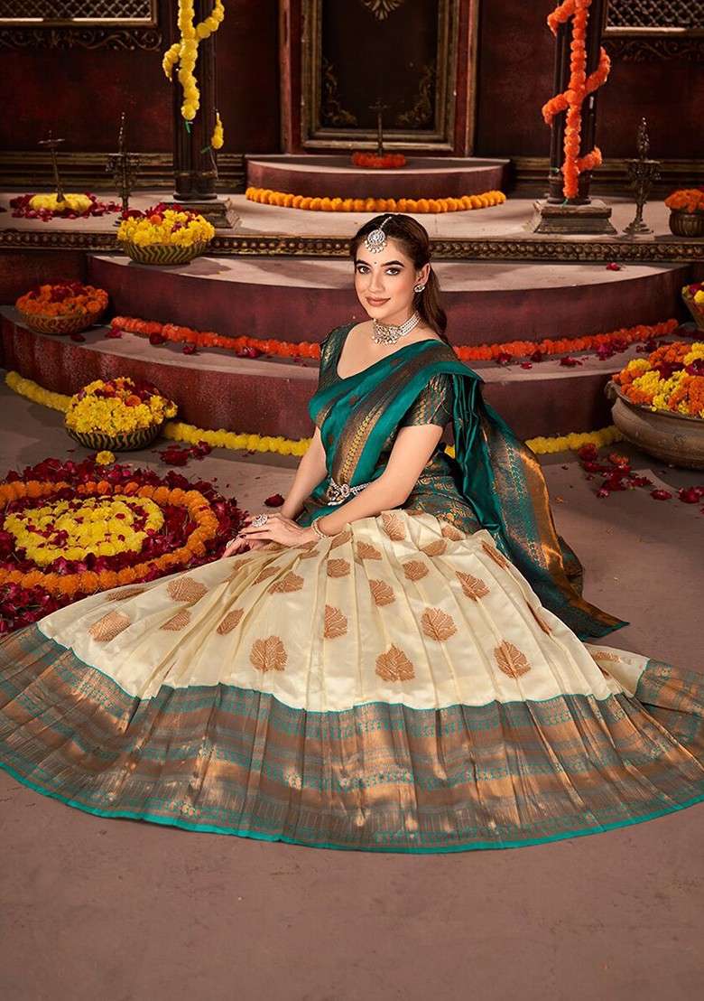 Off White Woven Poly Blend Lehenga Set for Diwali and Festive Wear - Indya