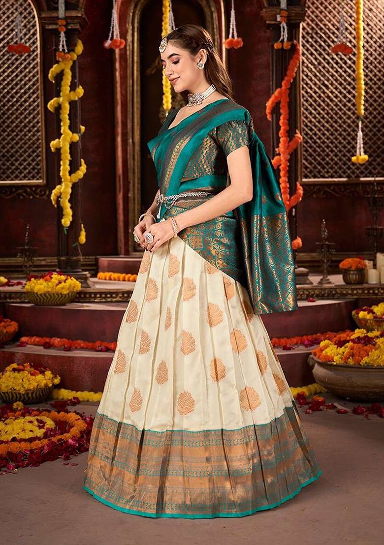 Off White Woven Poly Blend Lehenga Set for Diwali and Festive Wear - Indya