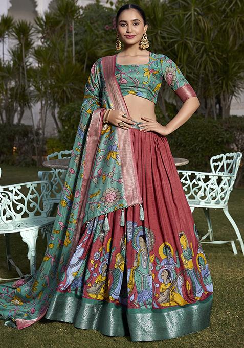 Salmon Orange Zari Embroidered Jacquard Silk Lehenga Set