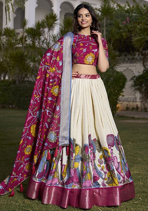 Off White Zari Embroidered Jacquard Silk Lehenga Set