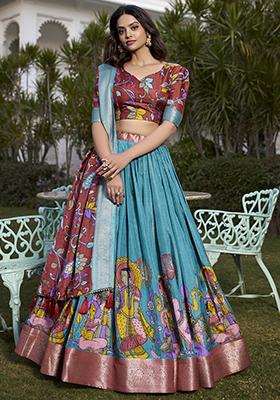 Firozi Zari Embroidered Jacquard Silk Lehenga Set