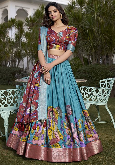 Firozi Zari Embroidered Jacquard Silk Lehenga Set