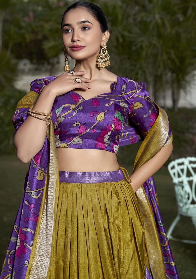 Mustard Zari Embroidered Jacquard Silk Lehenga Set