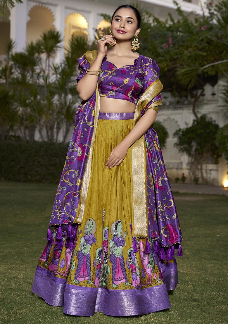 Mustard Zari Embroidered Jacquard Silk Lehenga Set