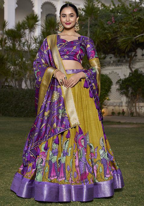 Mustard Zari Embroidered Jacquard Silk Lehenga Set