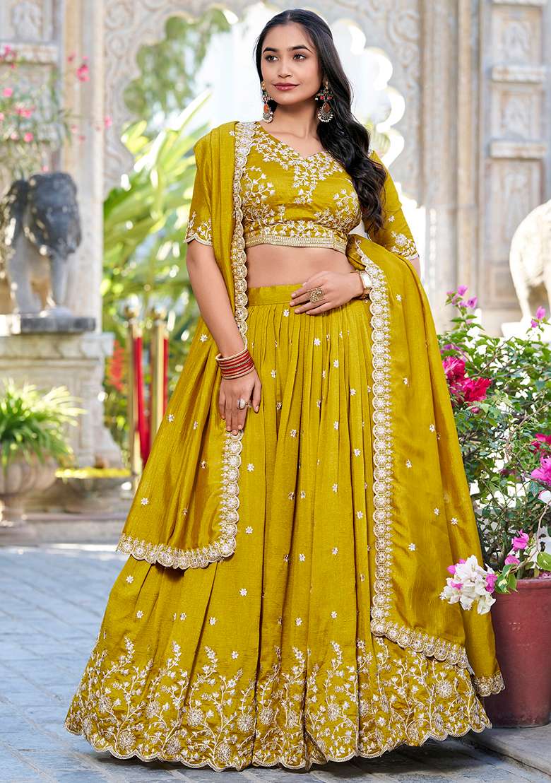Mustard Sequin Thread Embroidered Vichitra Silk Lehenga Set - Indya