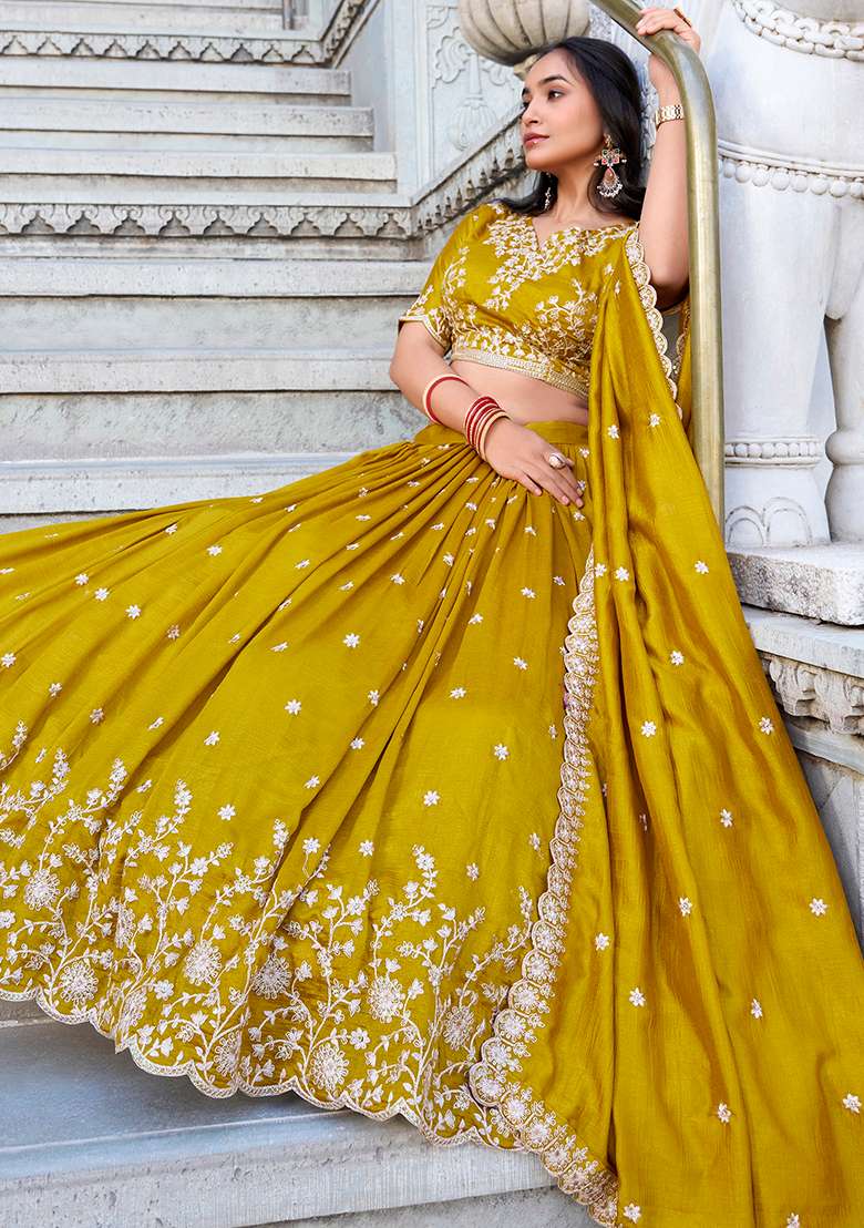Mustard Sequin Thread Embroidered Vichitra Silk Lehenga Set - Indya