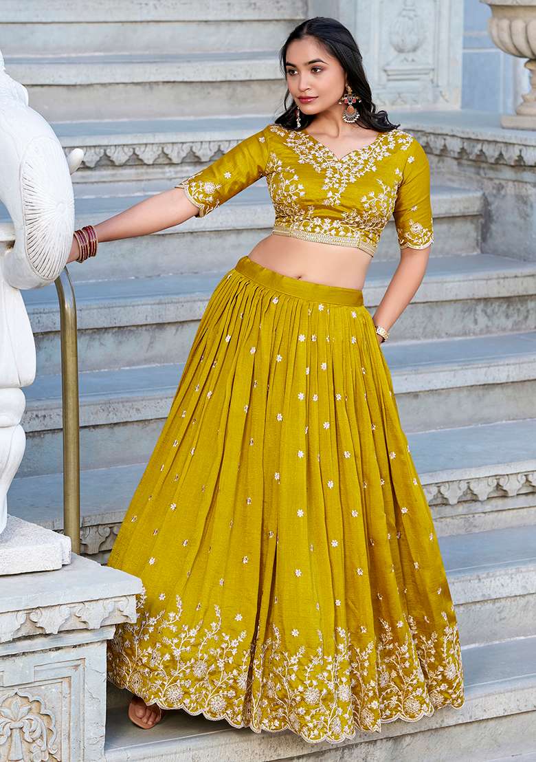 Mustard Sequin Thread Embroidered Vichitra Silk Lehenga Set - Indya