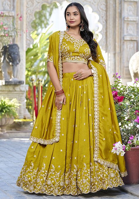 Mustard Sequin Thread Embroidered Vichitra Silk Lehenga Set