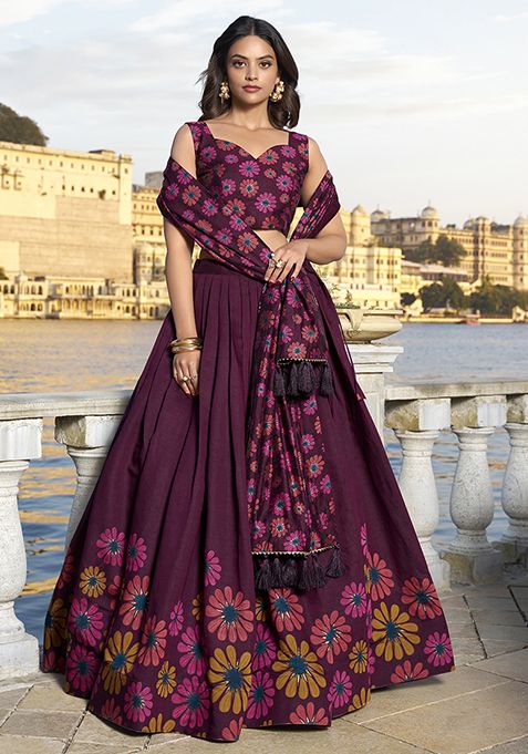 Wine Foil Work Tussar Silk Lehenga Set