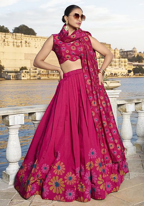 Pink Foil Work Tussar Silk Lehenga Set