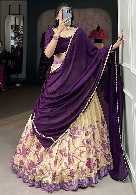 Purple Printed Vichitra Silk Lehenga Set