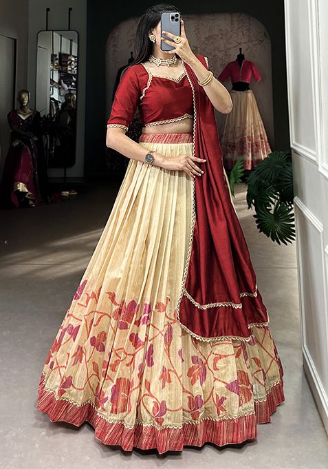 Maroon Printed Vichitra Silk Lehenga Set