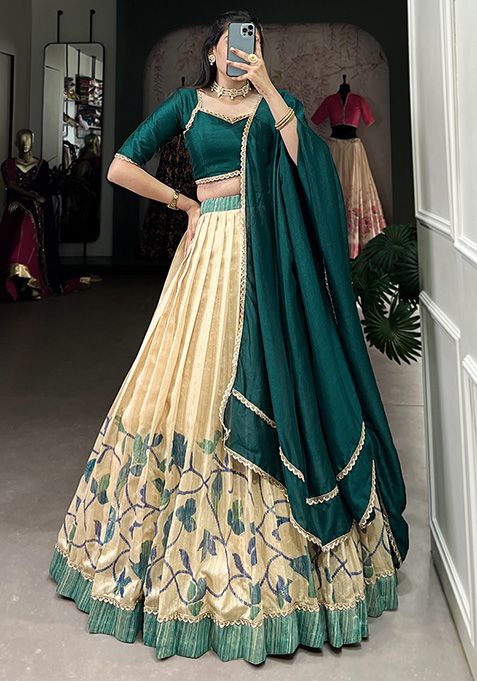 Teal Blue Printed Vichitra Silk Lehenga Set