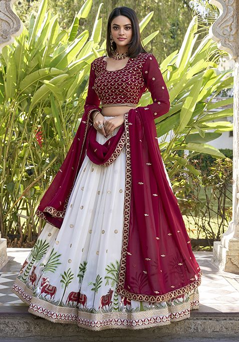 White Sequin Thread Embroidered Georgette Lehenga Set