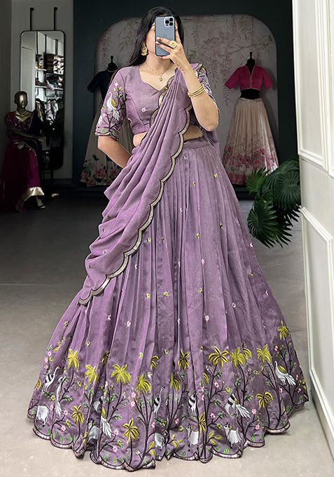 Lavender Sequin Thread Embroidered Vichitra Shimmer Lehenga Set