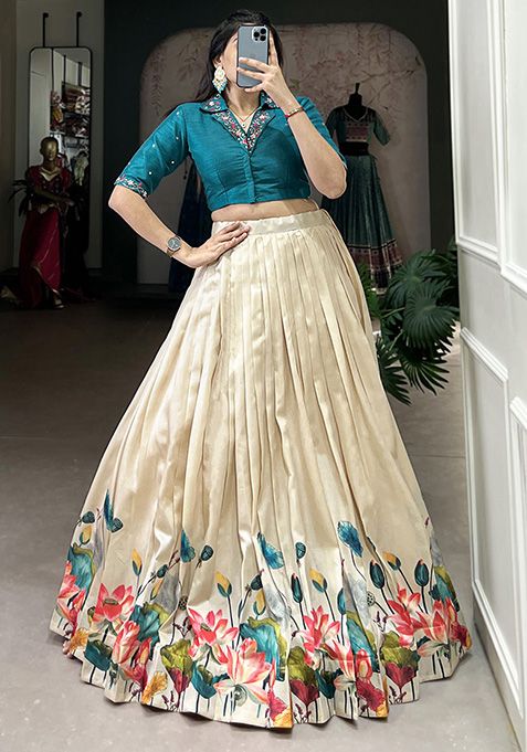 Off White Floral Print Tussar Silk Lehenga Set