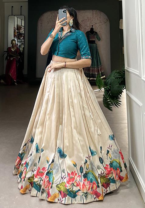 Off White Floral Print Tussar Silk Lehenga Set