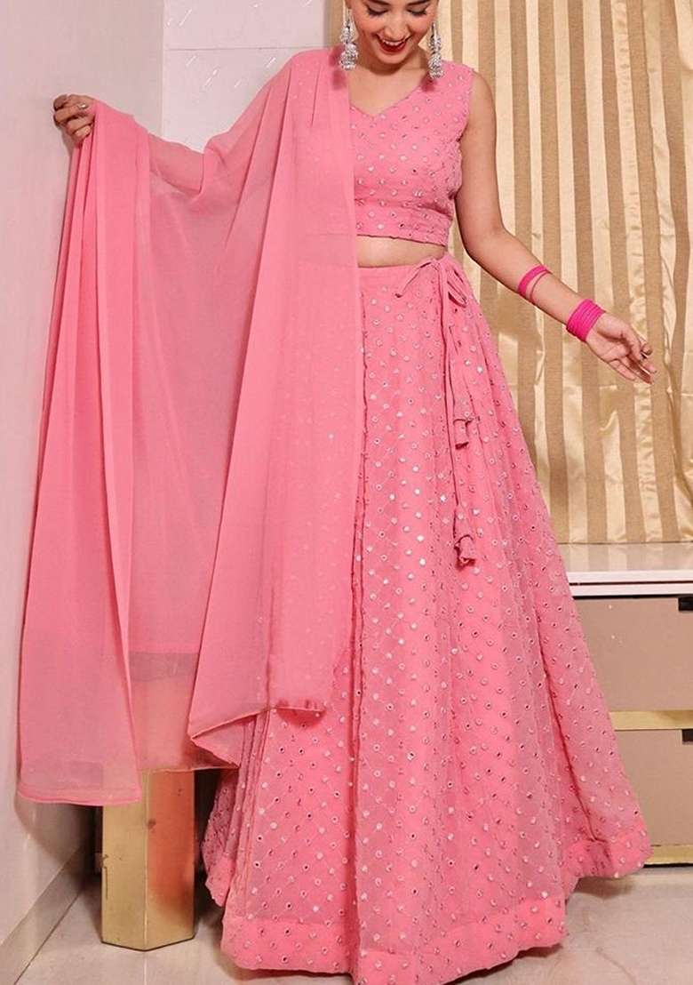Baby Pink Sequin Thread Embroidered Faux Georgette Lehenga Set - Indya